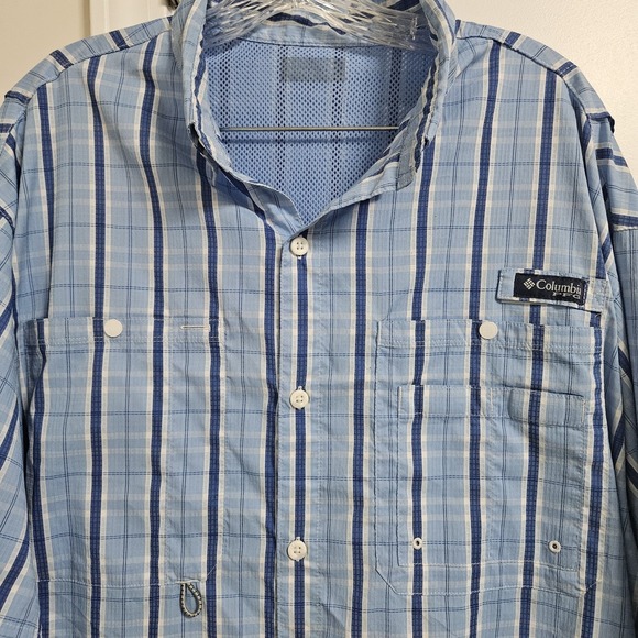 Columbia UPF 50 Omni Shade PFG Fishing Shirt Men's XXL Blue Plaid Vented LS EUC - Picture 4 of 12